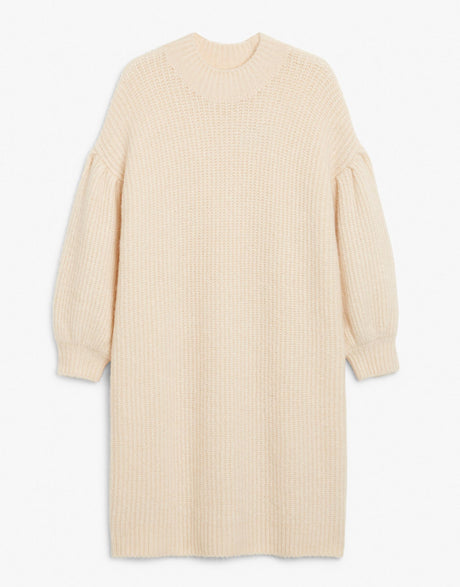 Monki Tina Puff Sleeve Knitted Midi Dress In Beige