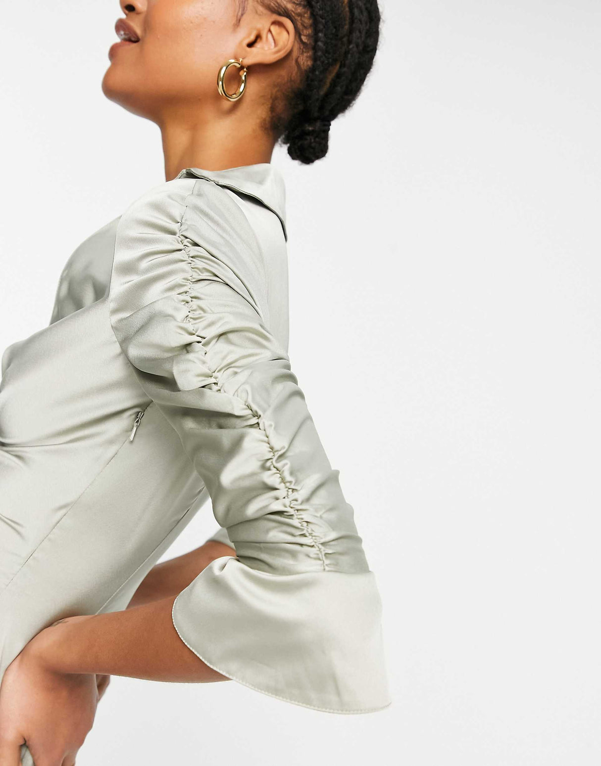 Asos Design Satin Mini Shirt Dress With Ruched Detail In Olive