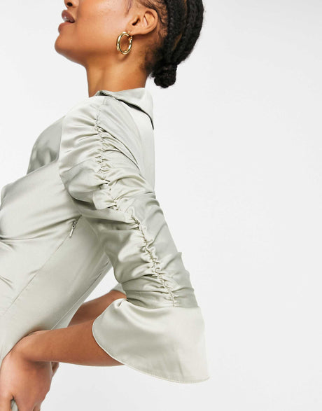 Asos Design Satin Mini Shirt Dress With Ruched Detail In Olive