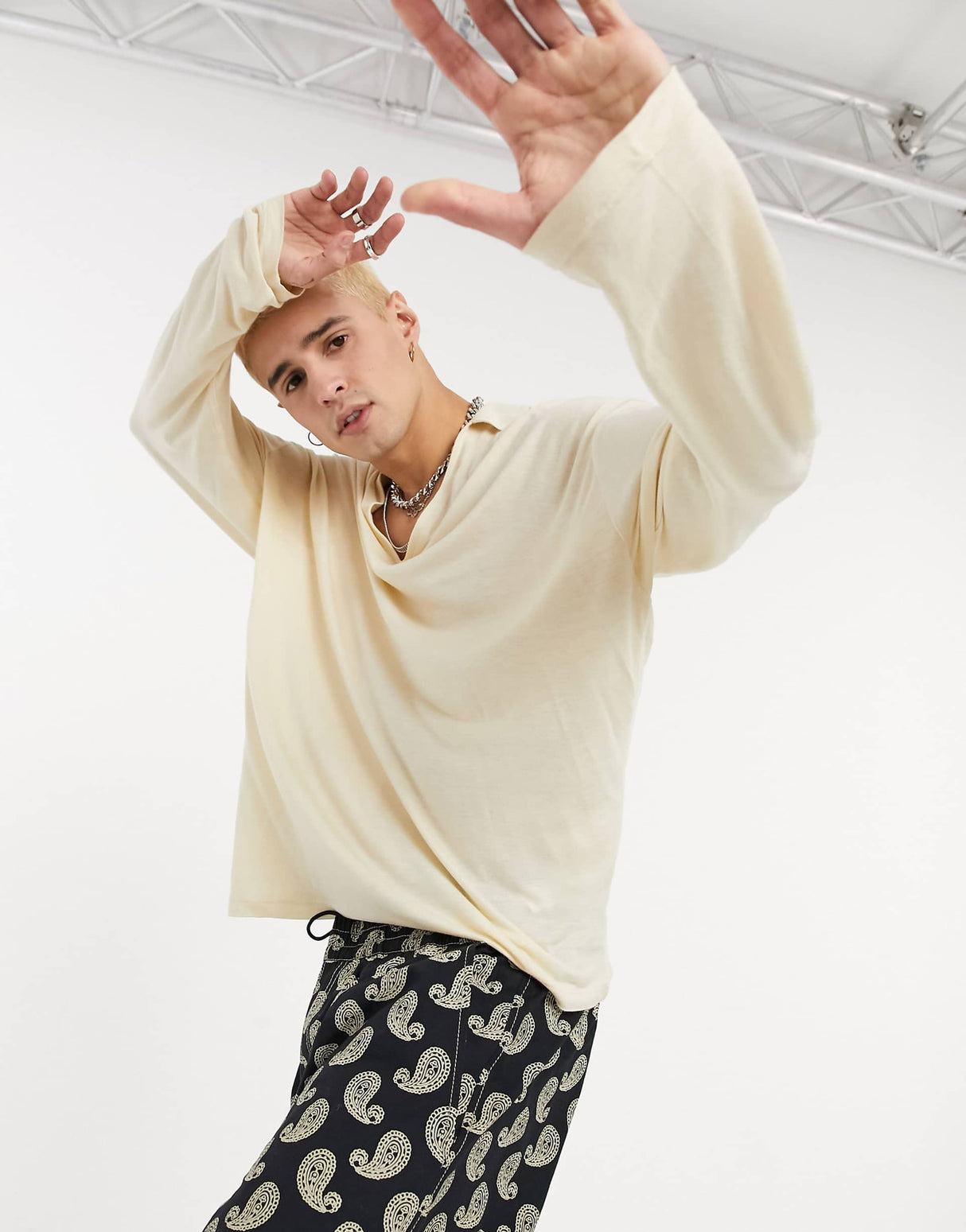 Asos Design Oversized Viscose Polo With Deep Revere Collar In Beige