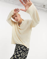 Asos Design Oversized Viscose Polo With Deep Revere Collar In Beige