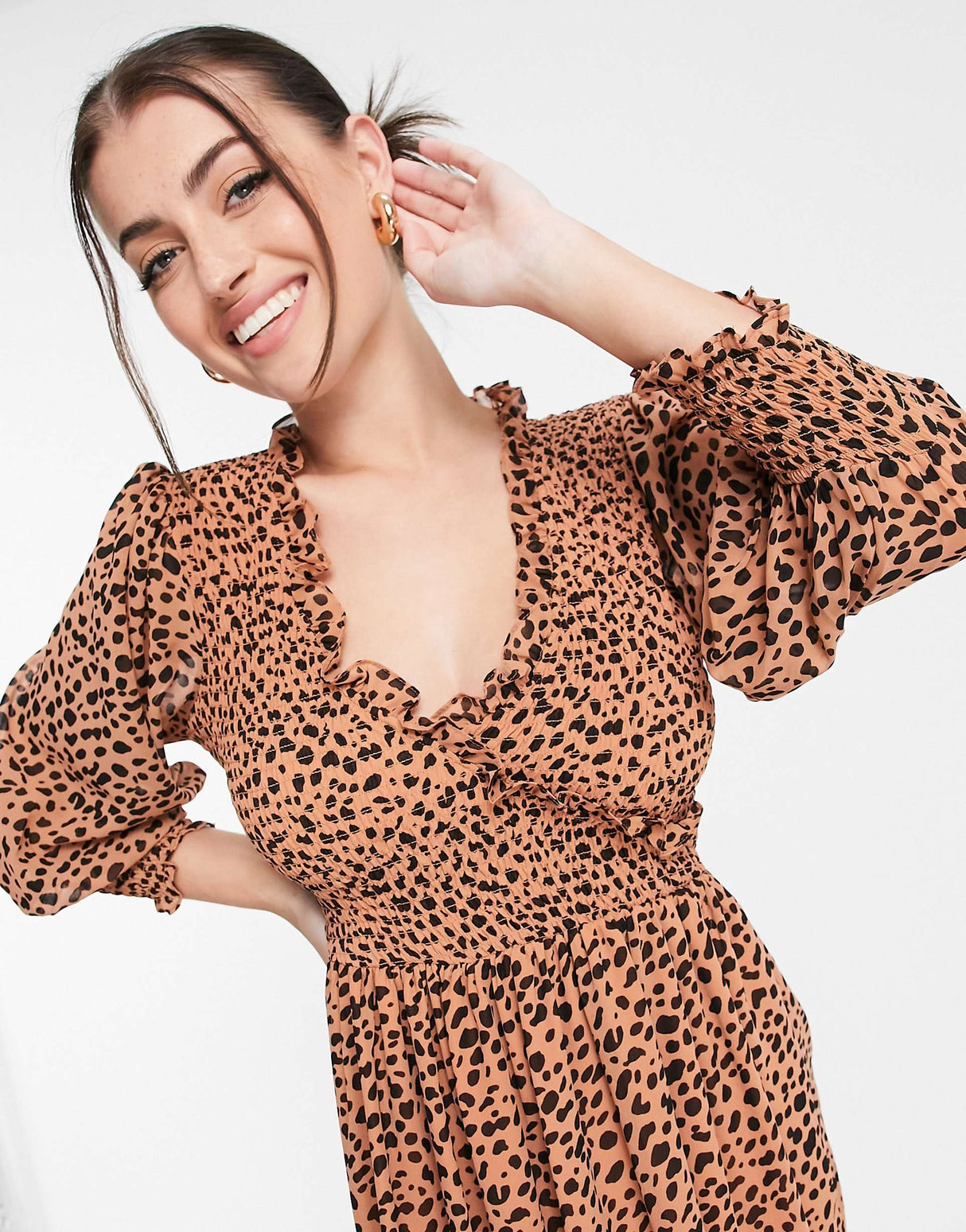 Asos Design Midi Smock Dress With Shirred Cuffs In Spot Print