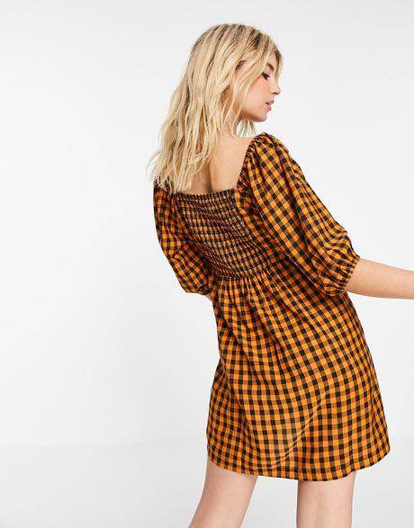 Wednesday'S Girl Mini Smock Dress With Puff Sleeves In Contrast Gingham