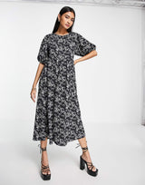 Asos Design Midi Smock Dress With Short Puff Sleeves In Black And White Daisy Print