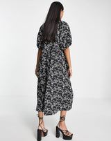 Asos Design Midi Smock Dress With Short Puff Sleeves In Black And White Daisy Print