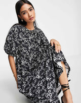 Asos Design Midi Smock Dress With Short Puff Sleeves In Black And White Daisy Print
