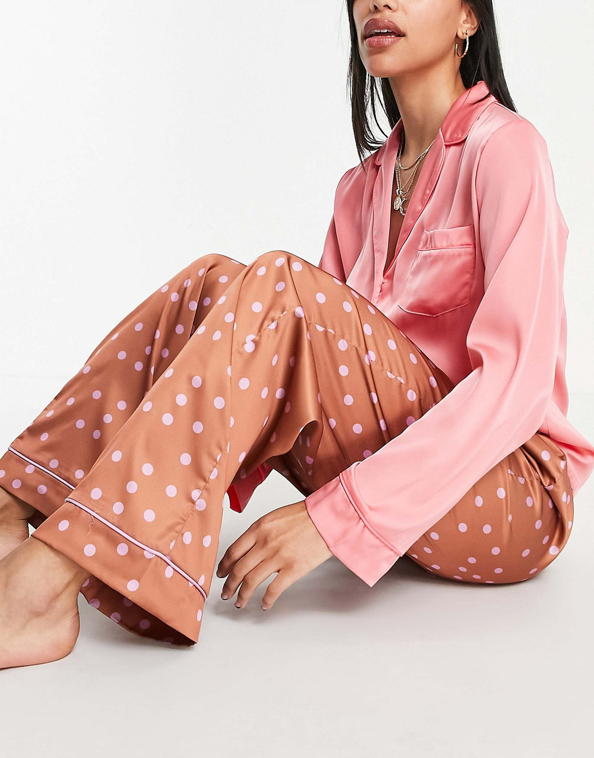 Asos Design Mix & Match Satin Spot Pyjama Trouser In Brown & Lilac