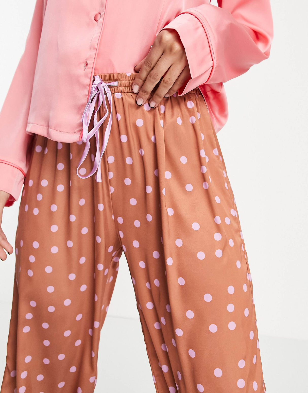 Asos Design Mix & Match Satin Spot Pyjama Trouser In Brown & Lilac