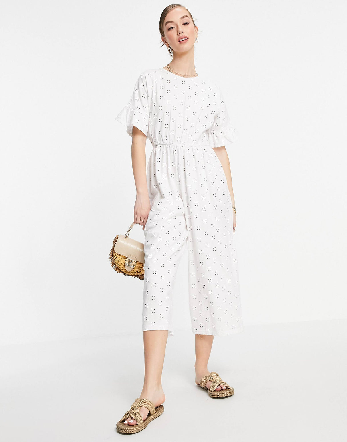 Asos Design Broderie Frill Sleeve Jumpsuit In White