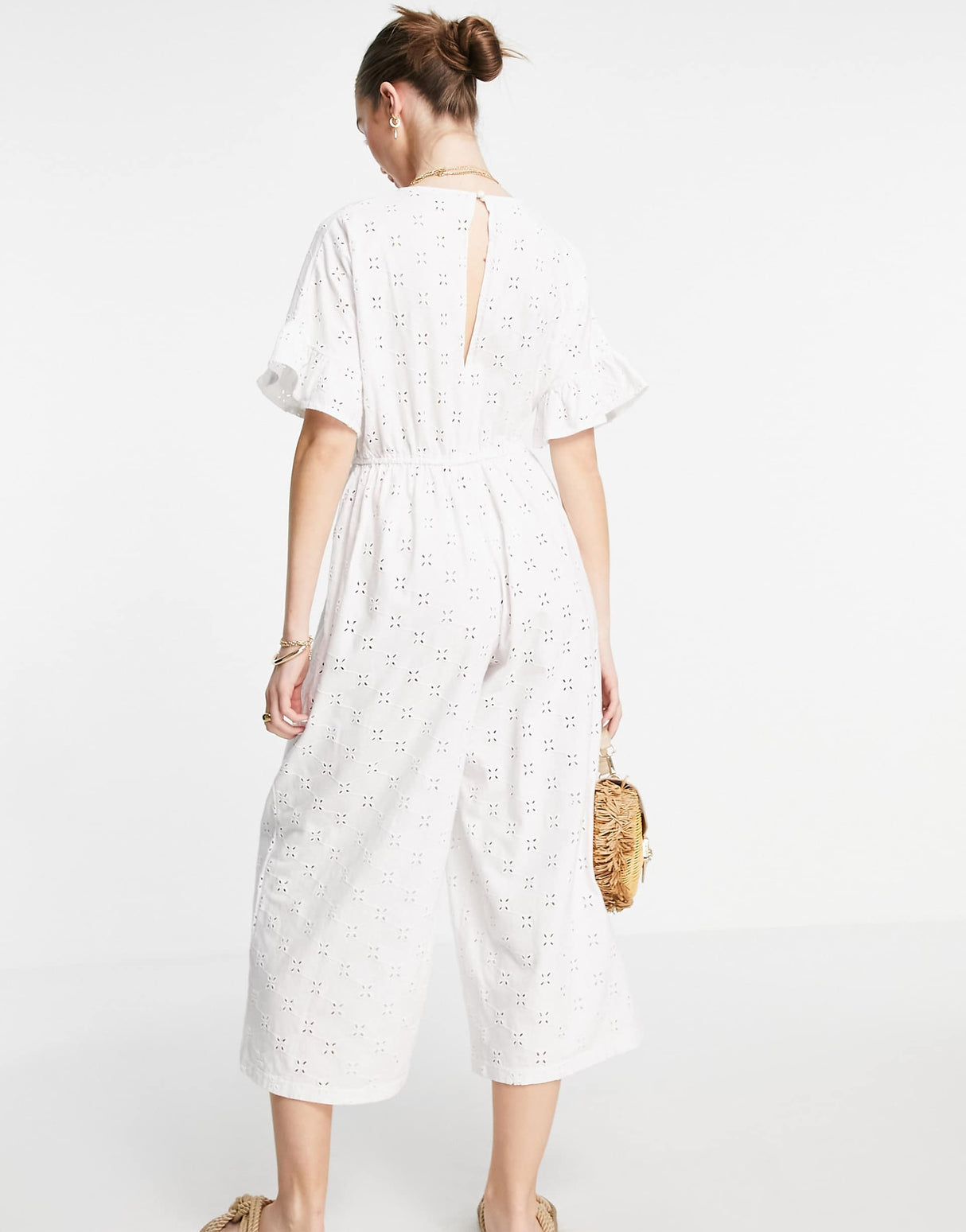 Asos Design Broderie Frill Sleeve Jumpsuit In White
