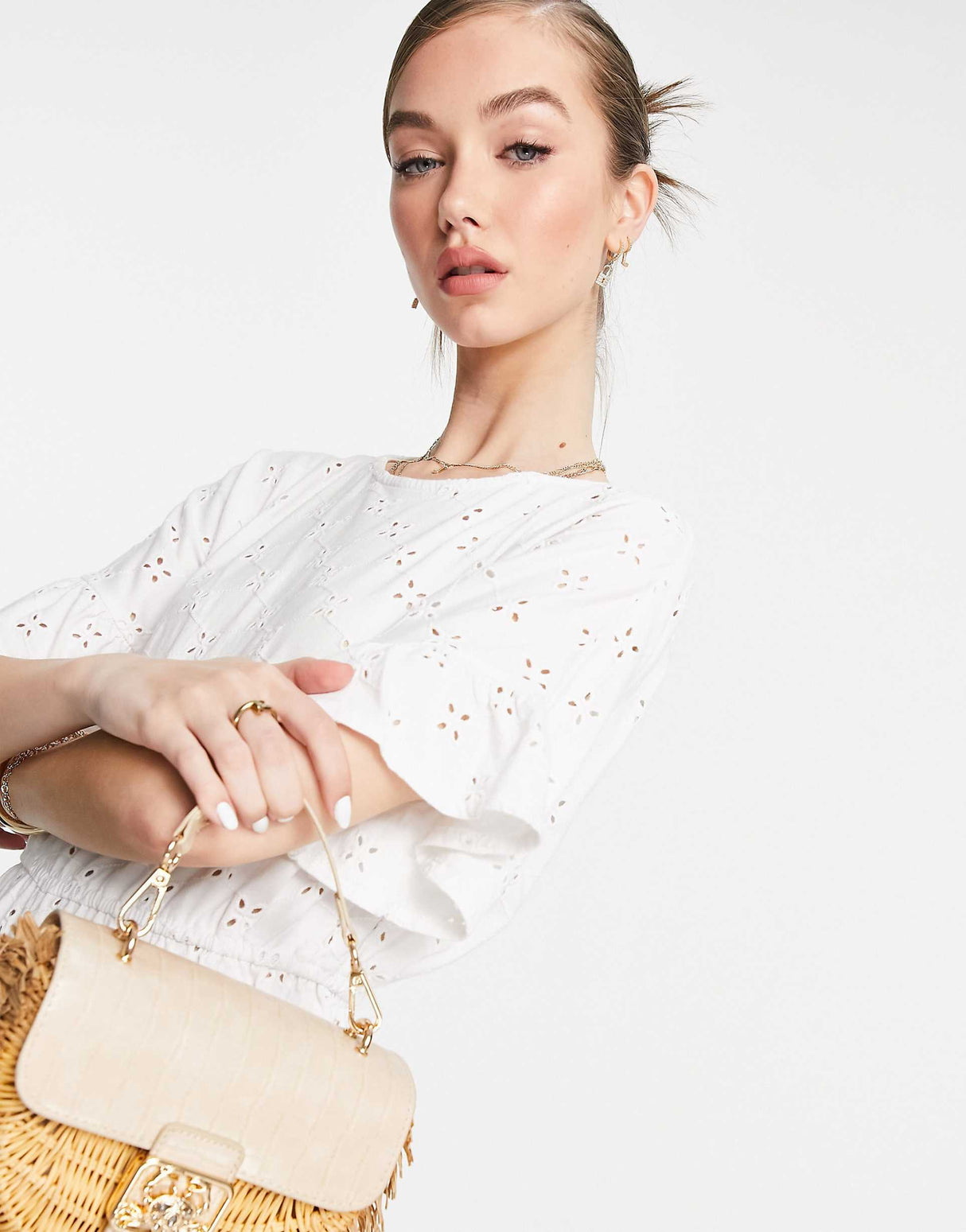 Asos Design Broderie Frill Sleeve Jumpsuit In White