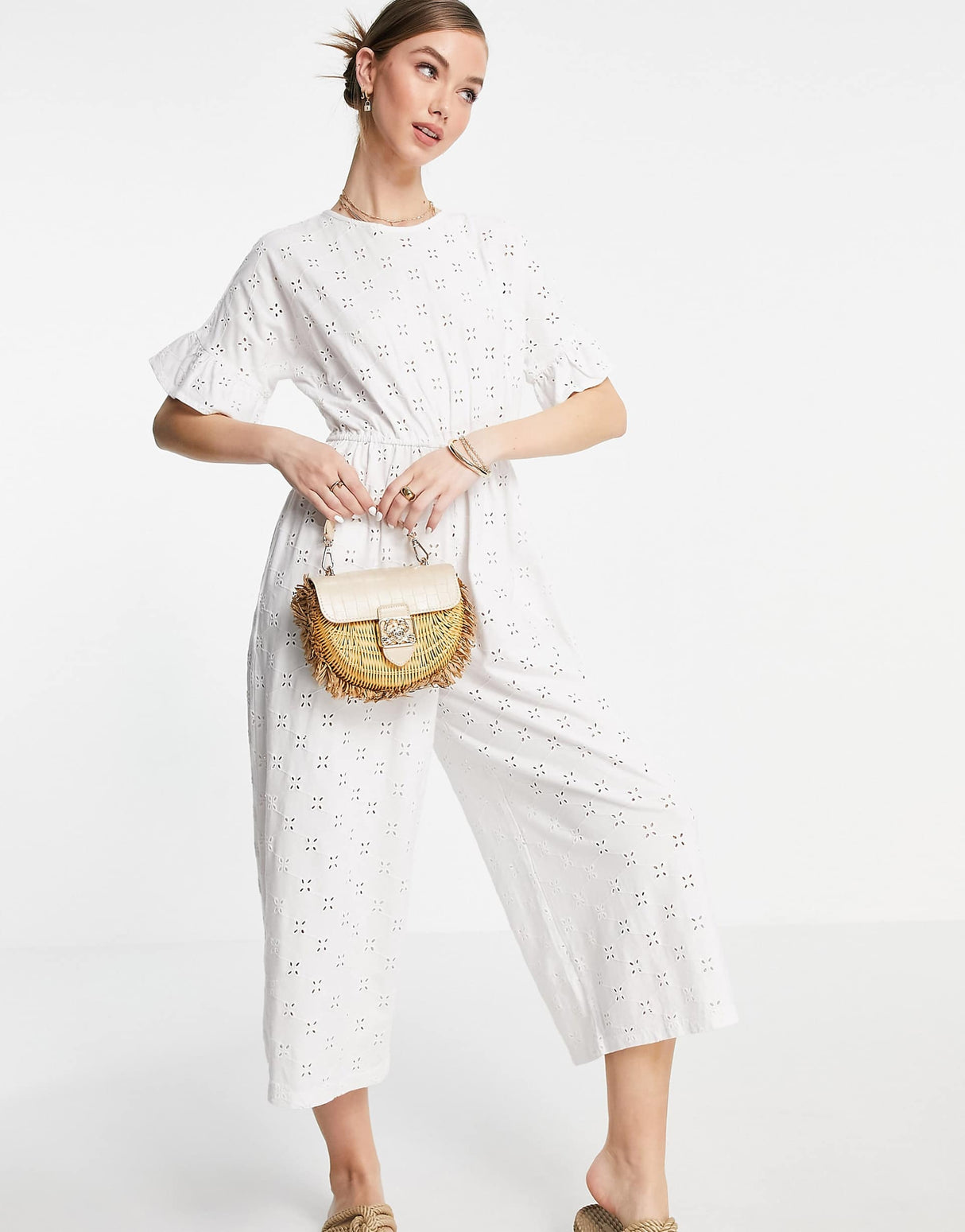 Asos Design Broderie Frill Sleeve Jumpsuit In White