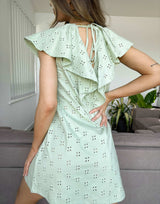 Asos Design Broderie V Frill Over Layer Dress In Sage