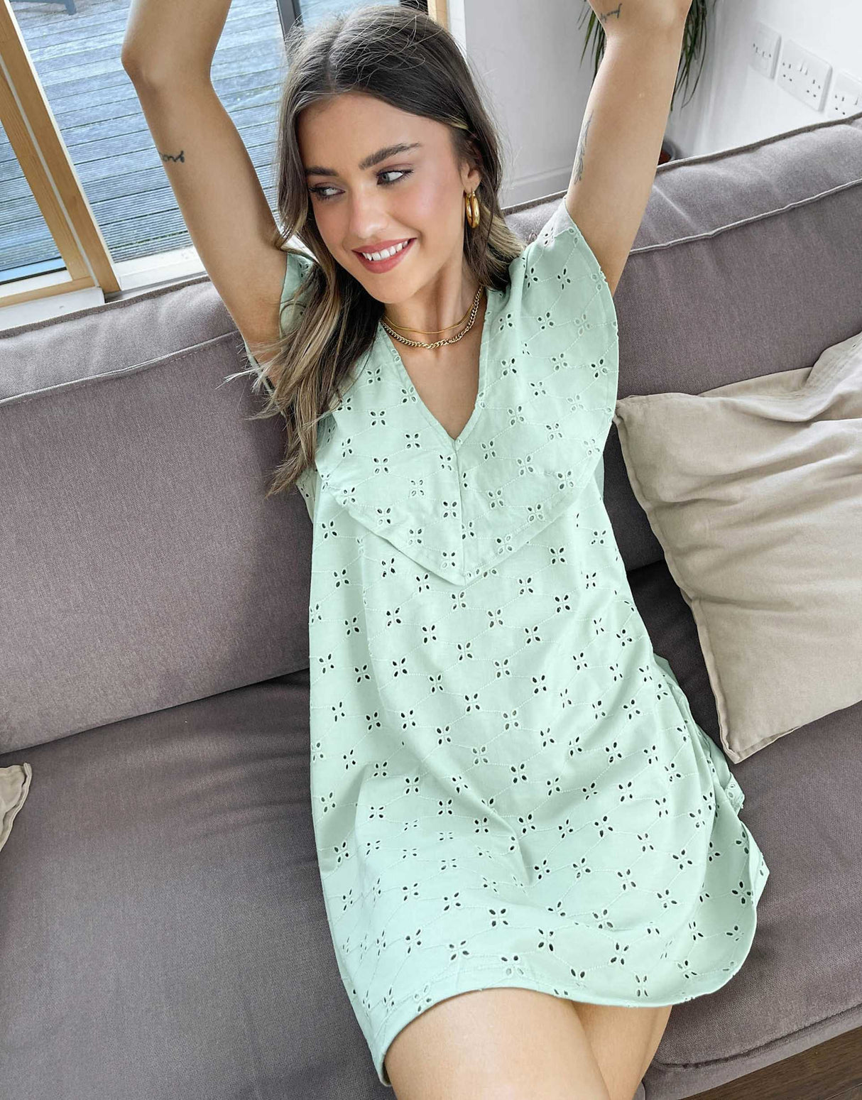 Asos Design Broderie V Frill Over Layer Dress In Sage