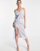 Asos Design Drape Front Midi Slip Dress With Wrap Skirt