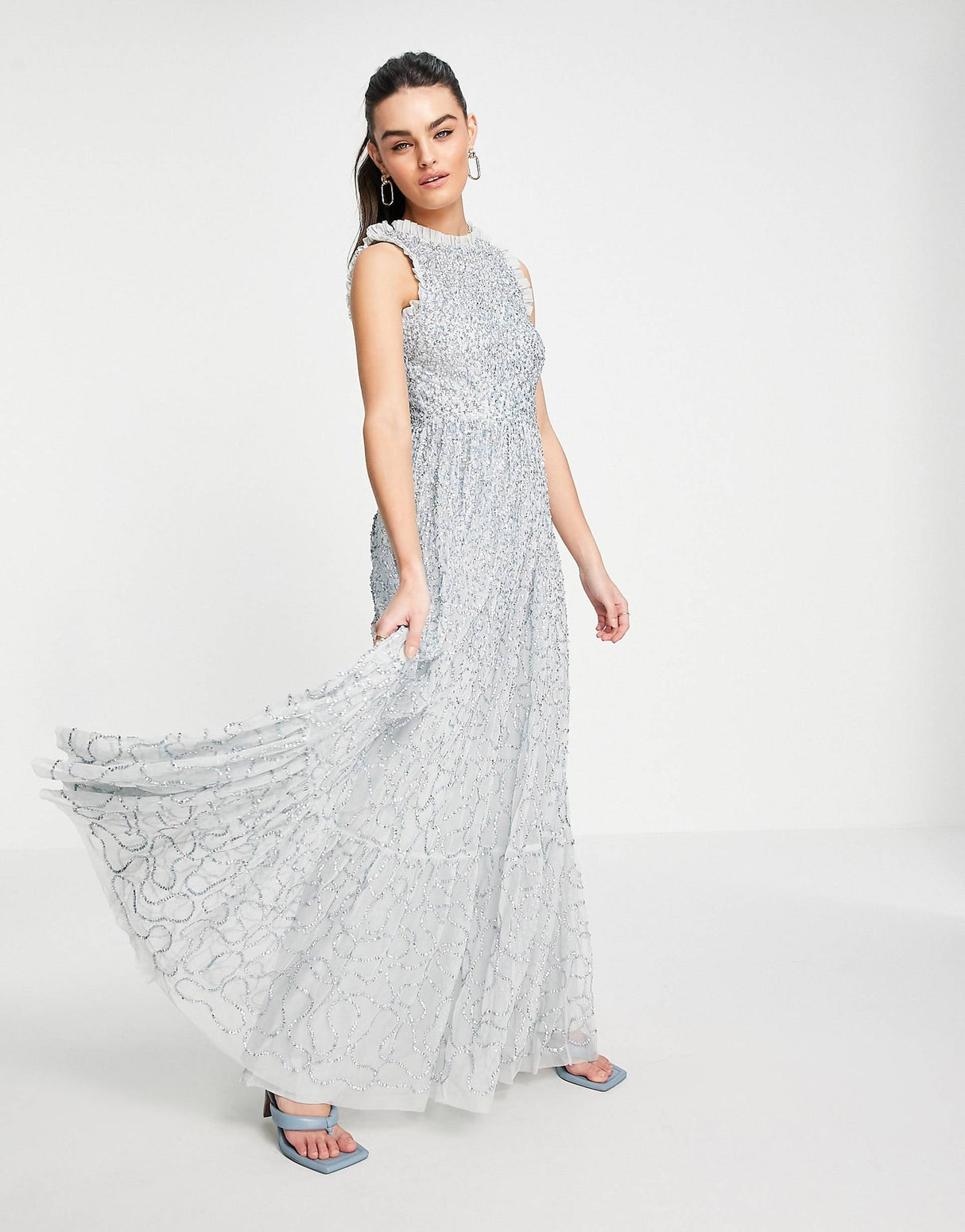 Maya All Over Embellished Maxi Dress With Lace Top In Ice Blue