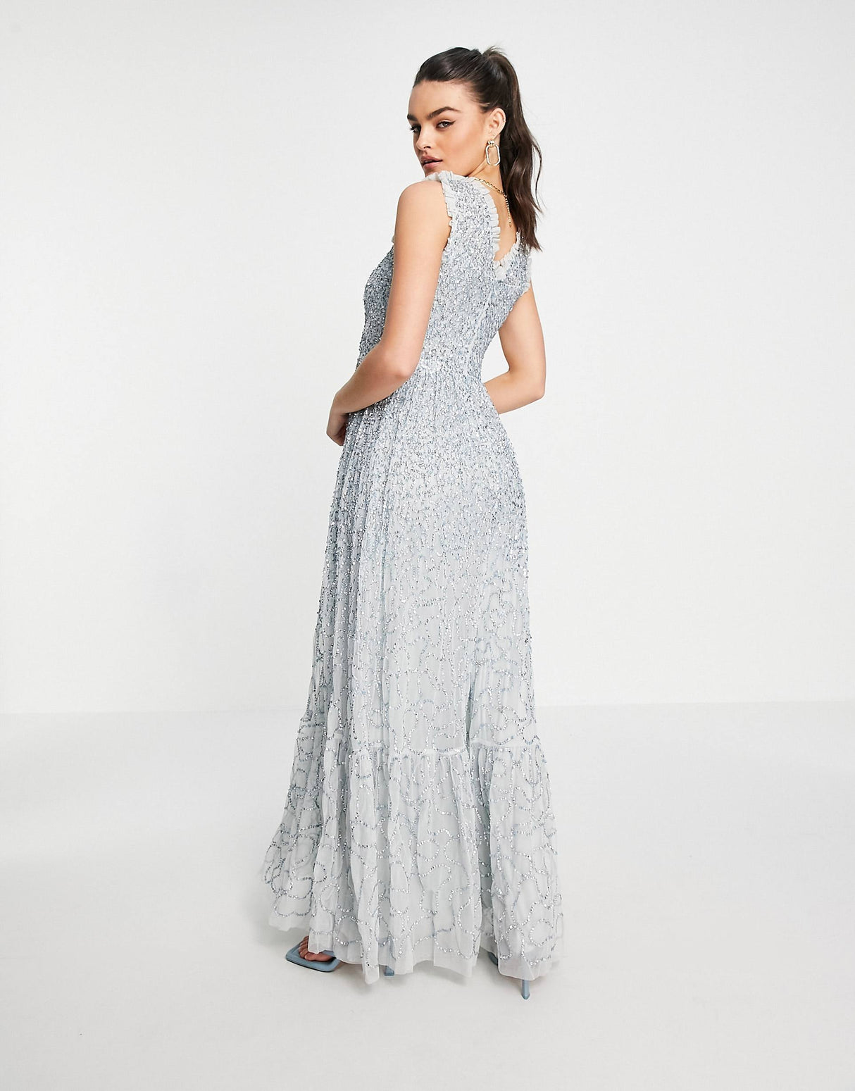 Maya All Over Embellished Maxi Dress With Lace Top In Ice Blue
