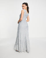 Maya All Over Embellished Maxi Dress With Lace Top In Ice Blue