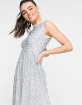 Maya All Over Embellished Maxi Dress With Lace Top In Ice Blue