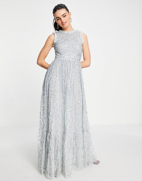 Maya All Over Embellished Maxi Dress With Lace Top In Ice Blue