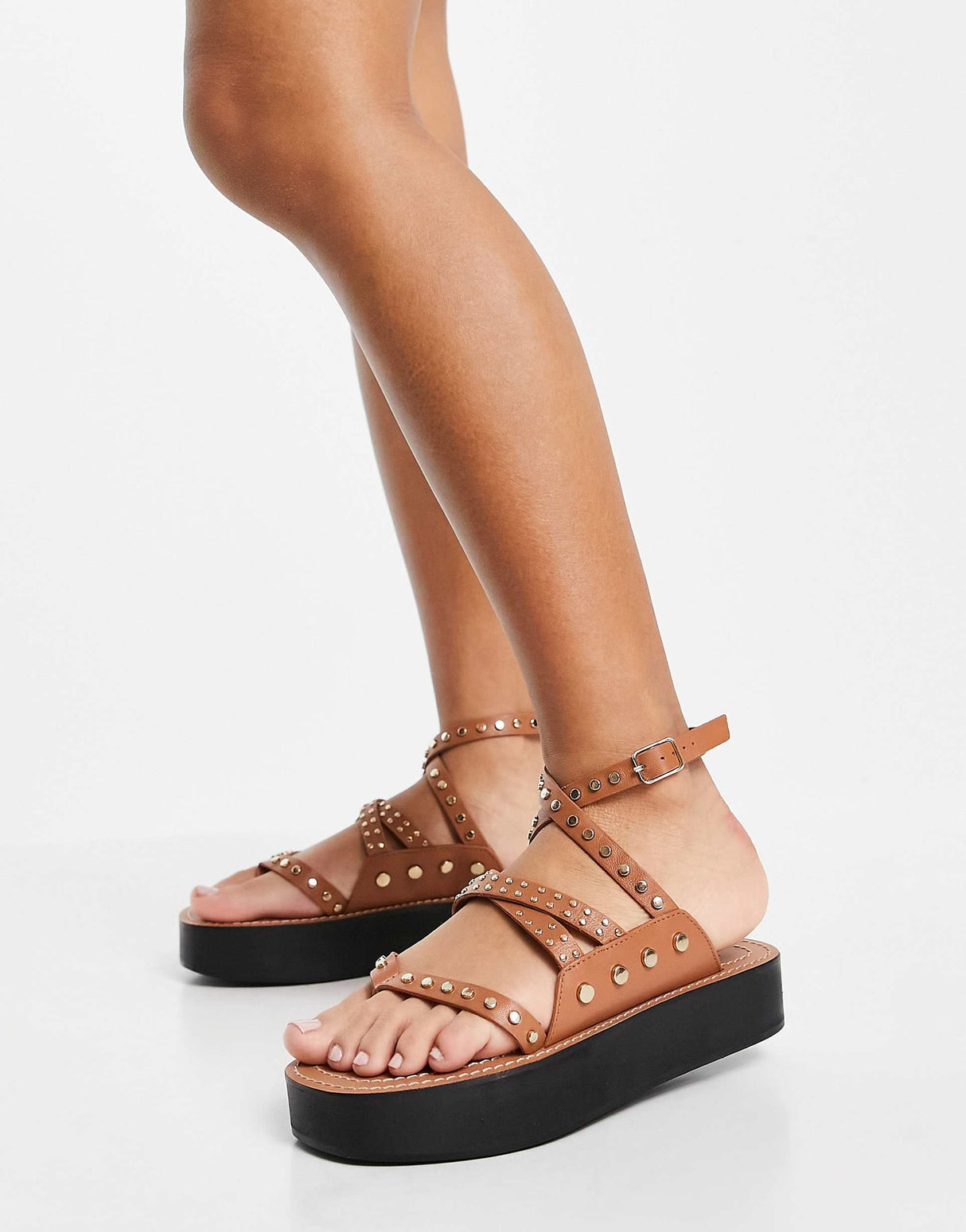 Asos Design Flinch Studded Leather Flatform Sandals In Tan