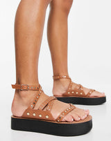 Asos Design Flinch Studded Leather Flatform Sandals In Tan