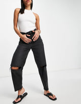 American Eagle Relaxed Mom Jeans With Ripped Knees In Washed Black