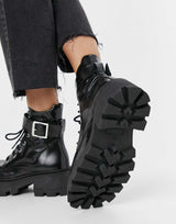 Asos Design Acute Leather Chunky Square Toe Lace Up Boots In Black