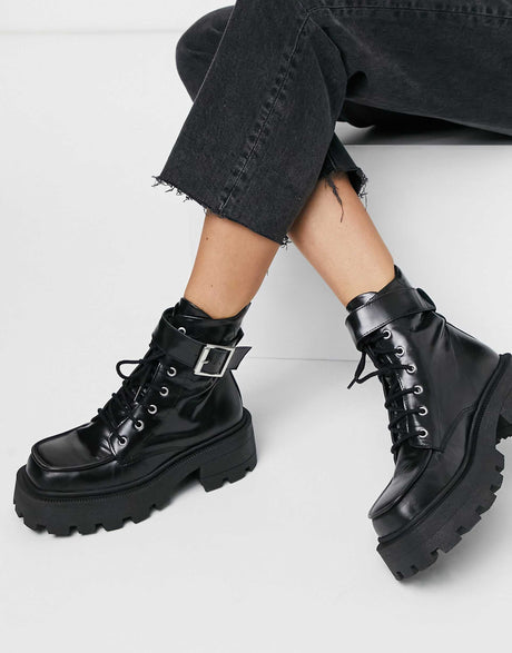 Asos Design Acute Leather Chunky Square Toe Lace Up Boots In Black