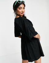 Asos Design Broderie Button Front Rope Tie Playsuit In Black