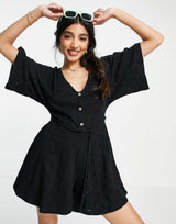 Asos Design Broderie Button Front Rope Tie Playsuit In Black