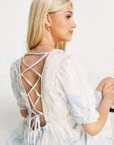 Asos Design Tiered Mini Sundress With Lace Inserts And Lace Up Back In Tie Dye Print