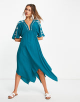 En Crème V Neck Midi Smock Dress With Embroidery Detail In Teal