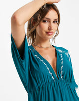 En Crème V Neck Midi Smock Dress With Embroidery Detail In Teal