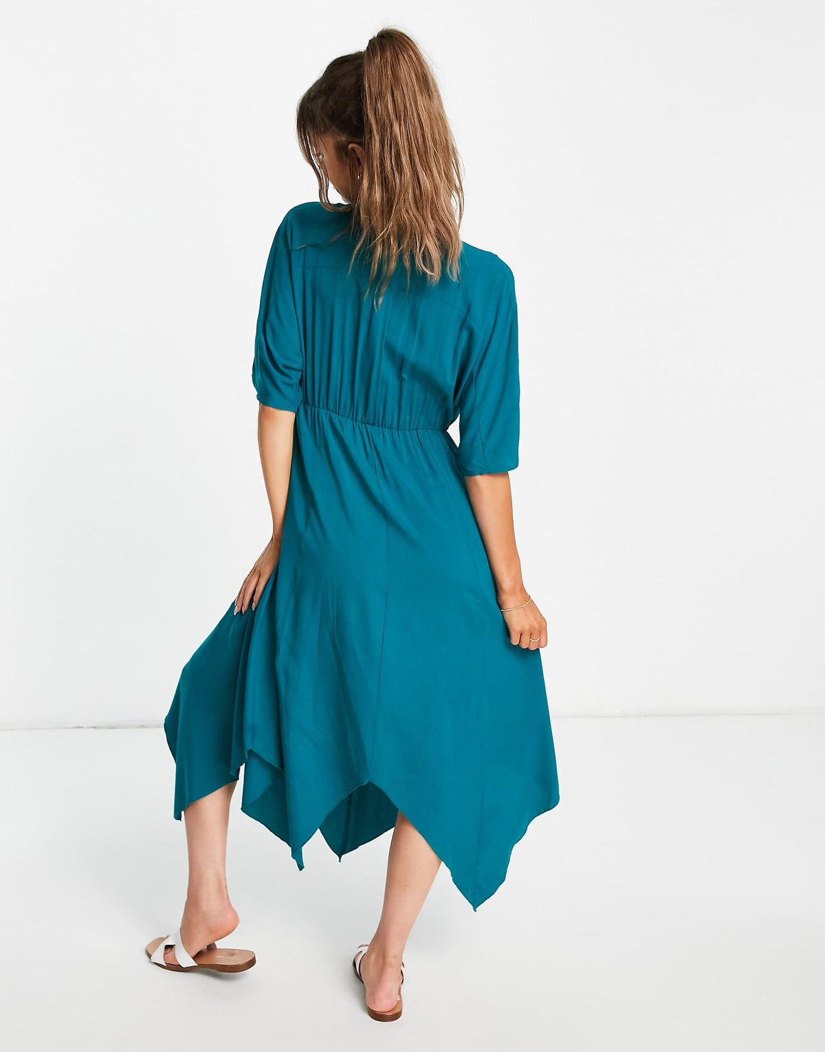 En Crème V Neck Midi Smock Dress With Embroidery Detail In Teal