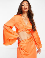 Asos Design Co-Ord Wrap Front Satin Top With Button Detail