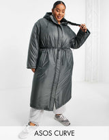 Asos Design Curve Puffer Parka Coat In Charcoal