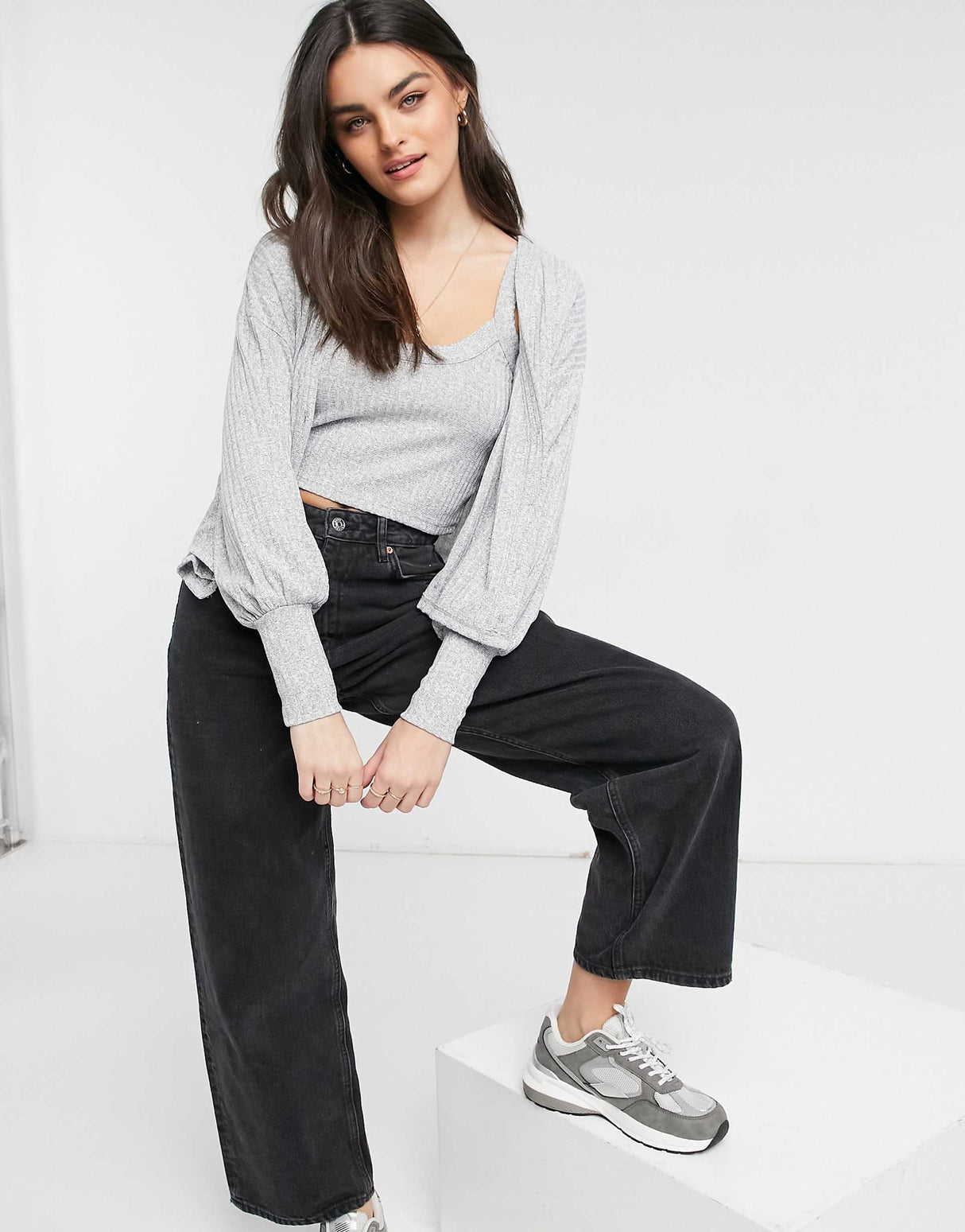 River Island Ribbed Jersey Vest And Cardigan Co-Ord Set In Grey