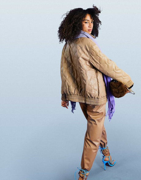 Asos Design Faux Leather Quilted Bomber Jacket In Camel