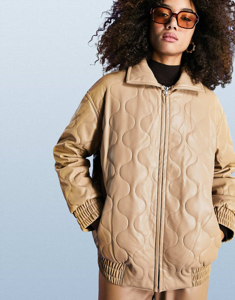 Asos Design Faux Leather Quilted Bomber Jacket In Camel