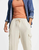 Asos Design Oversized Tapered Trousers With Cargo Pockets In Beige Texture