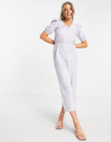 Monki Jumpsuit With Puff Sleeves In Lilac Floral Print