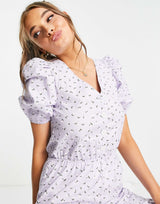 Monki Jumpsuit With Puff Sleeves In Lilac Floral Print