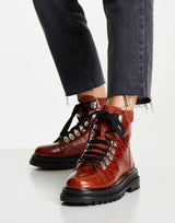 Asos Design Adrift Chunky Lace Up Hiker Boots In Tan Croc