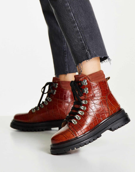 Asos Design Adrift Chunky Lace Up Hiker Boots In Tan Croc