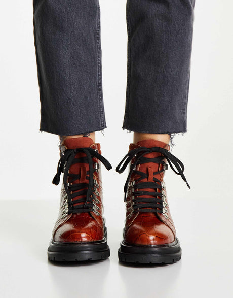 Asos Design Adrift Chunky Lace Up Hiker Boots In Tan Croc