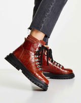 Asos Design Adrift Chunky Lace Up Hiker Boots In Tan Croc