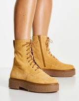 Asos Design Acolade Premium Suede Flat Lace Up Boots In Sand