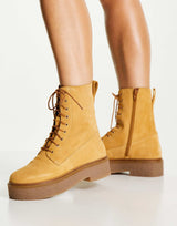 Asos Design Acolade Premium Suede Flat Lace Up Boots In Sand