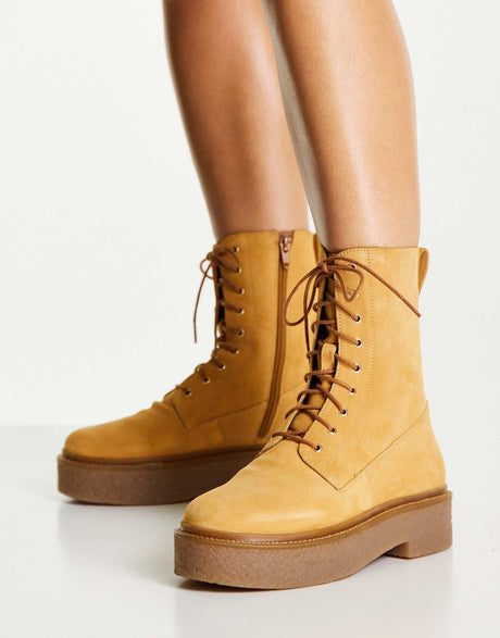 Asos Design Acolade Premium Suede Flat Lace Up Boots In Sand